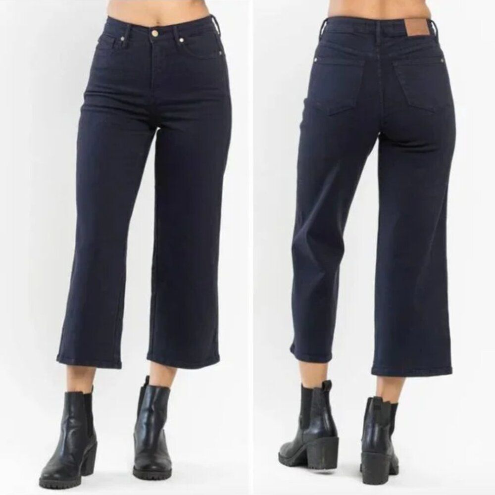 Judy Blue Size 29 High Waist Tummy Control Garment Dyed Wide Leg Crop Navy Jeans